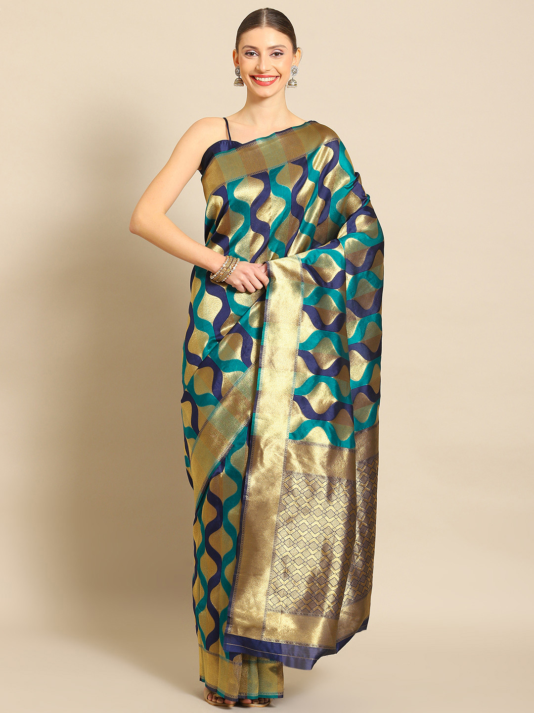 

Mitera Ethnic Motifs Zari Art Silk Leheriya Saree, Navy blue
