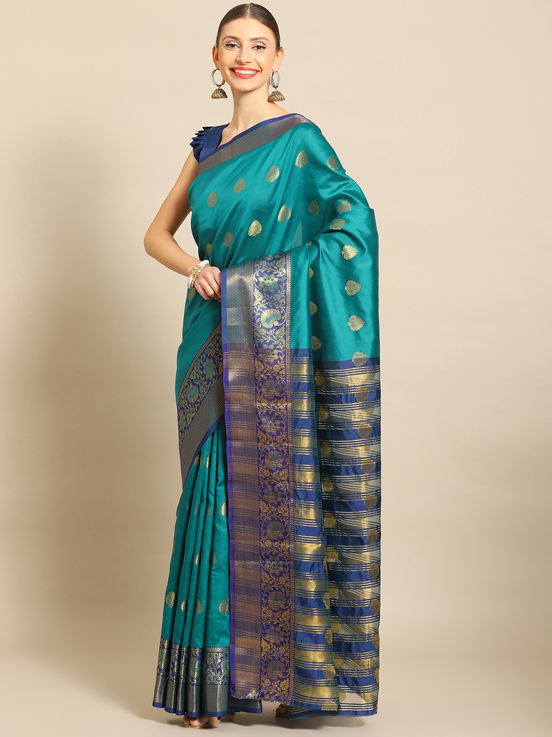 

Mitera Ethnic Motifs Zari Art Silk Mysore Silk Saree, Turquoise blue