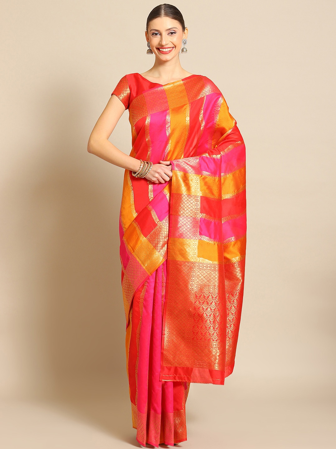 

Mitera Striped Zari Silk Blend Banarasi Saree, Red
