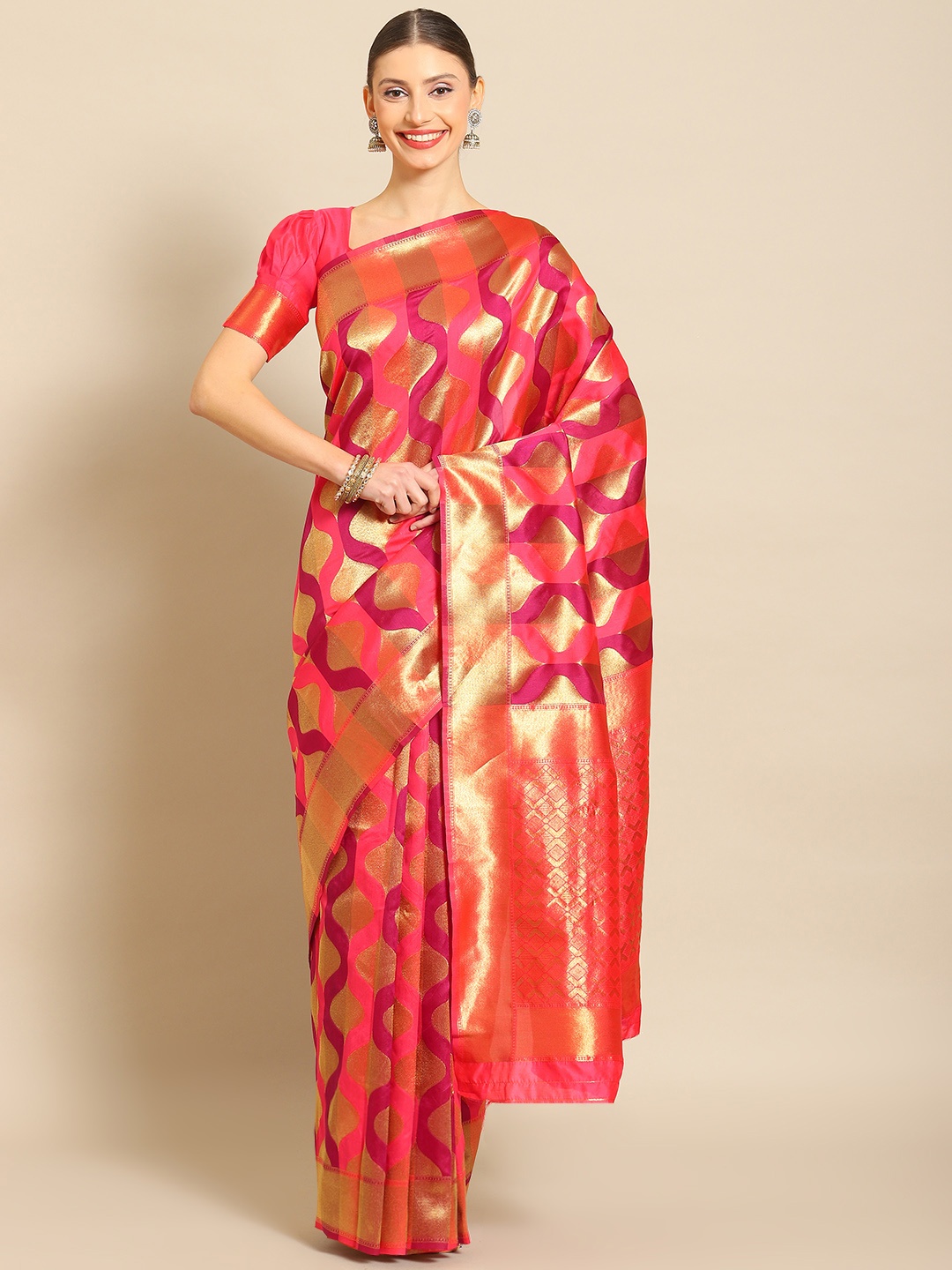 

Mitera Ethnic Motifs Zari Art Silk Leheriya Saree, Pink