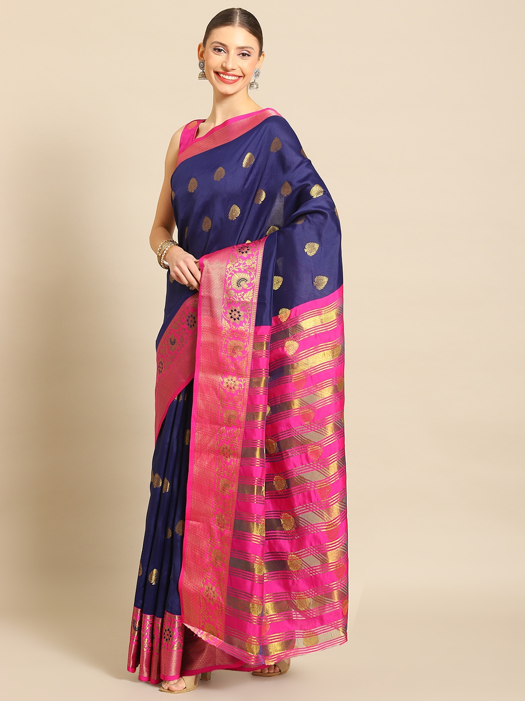 

Mitera Ethnic Motifs Zari Art Silk Mysore Silk Saree, Navy blue