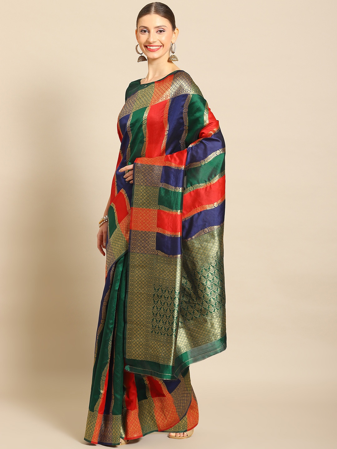 

Mitera Striped Zari Silk Blend Banarasi Saree, Green
