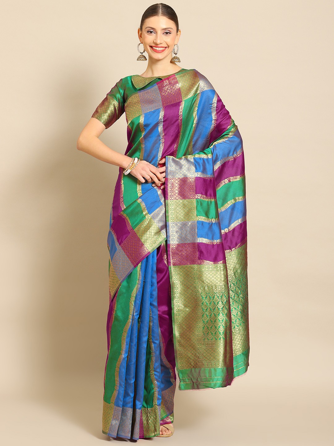 

Mitera Striped Zari Silk Blend Banarasi Saree, Green