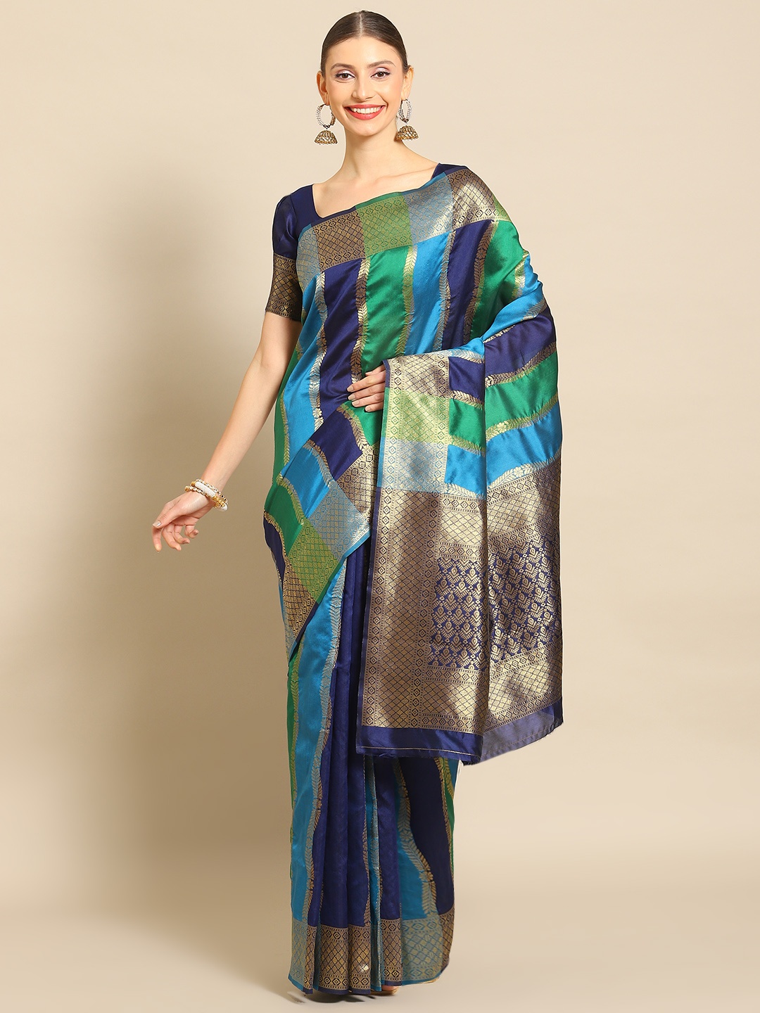 

Mitera Striped Zari Silk Blend Banarasi Saree, Navy blue
