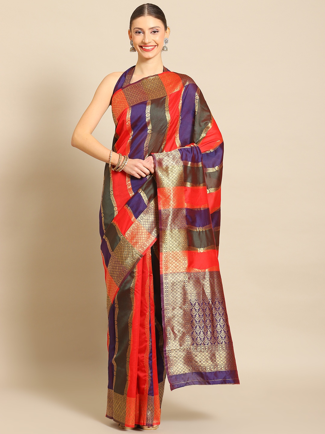 

Mitera Striped Zari Silk Blend Banarasi Saree, Blue