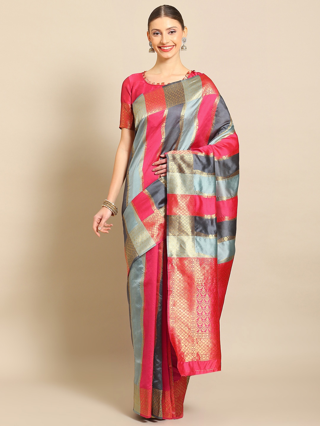 

Mitera Striped Zari Silk Blend Banarasi Saree, Coral