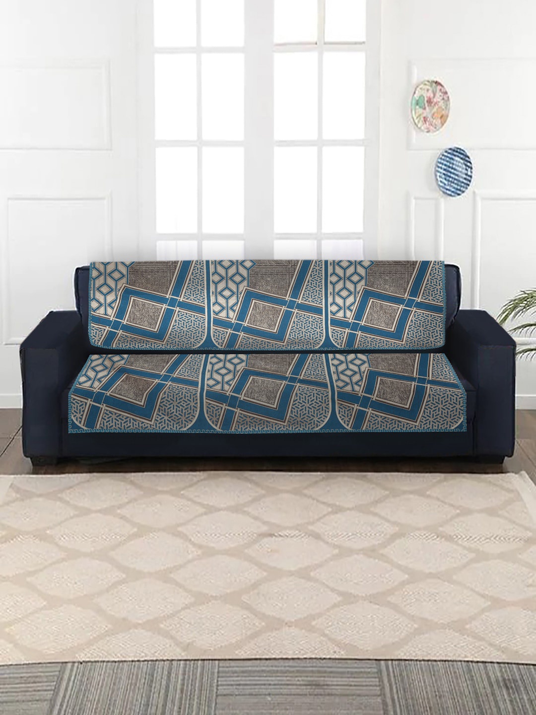 

MULTITEX Blue & Grey 6 Pcs Self-Design Velvet 3-Seater Sofa Cover