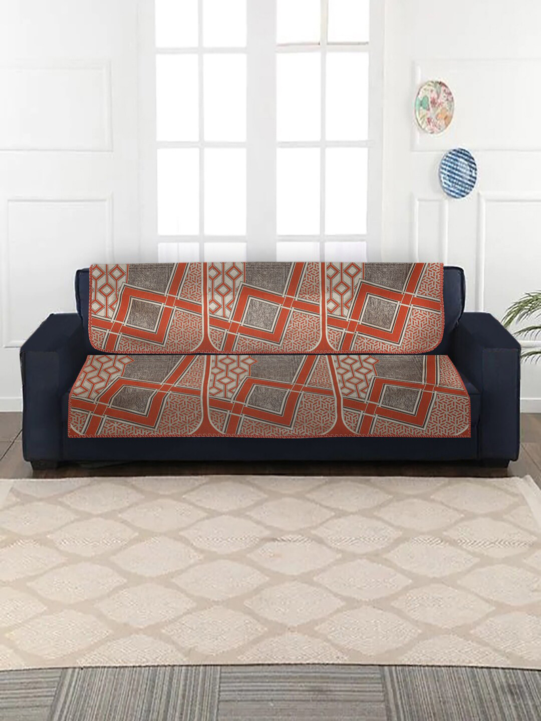 

MULTITEX Rust Orange & Grey Printed 3-Seater Velvet Sofa Covers