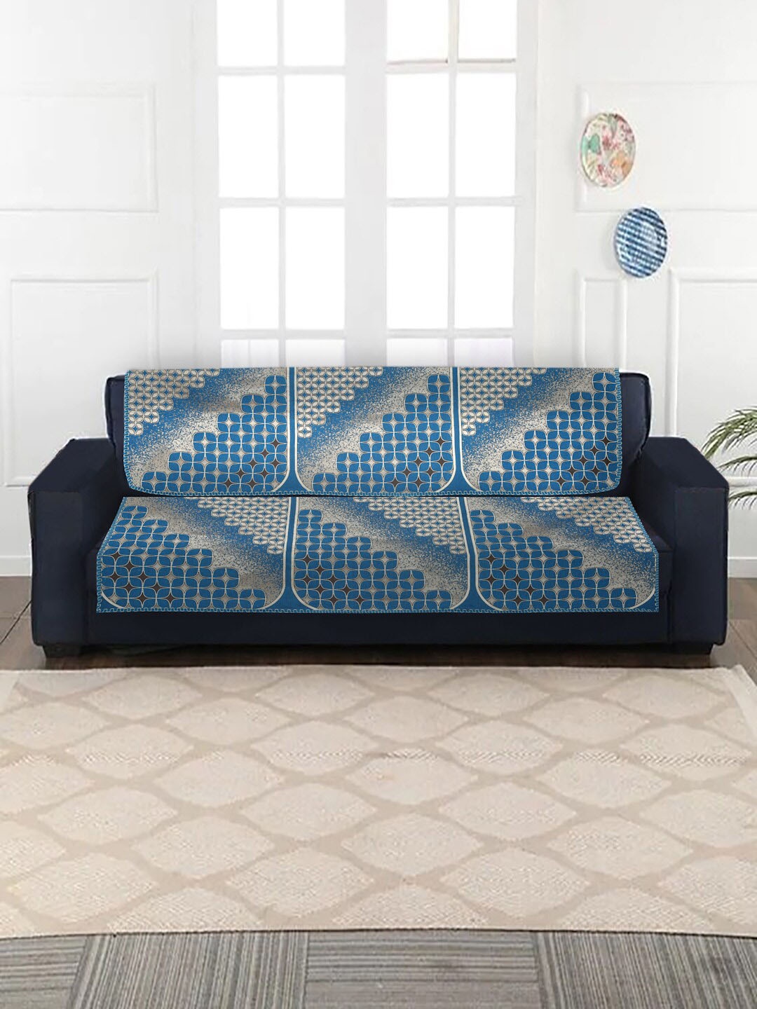 

MULTITEX Blue & Cream Self-Design Velvet 3-Seater Sofa Cover