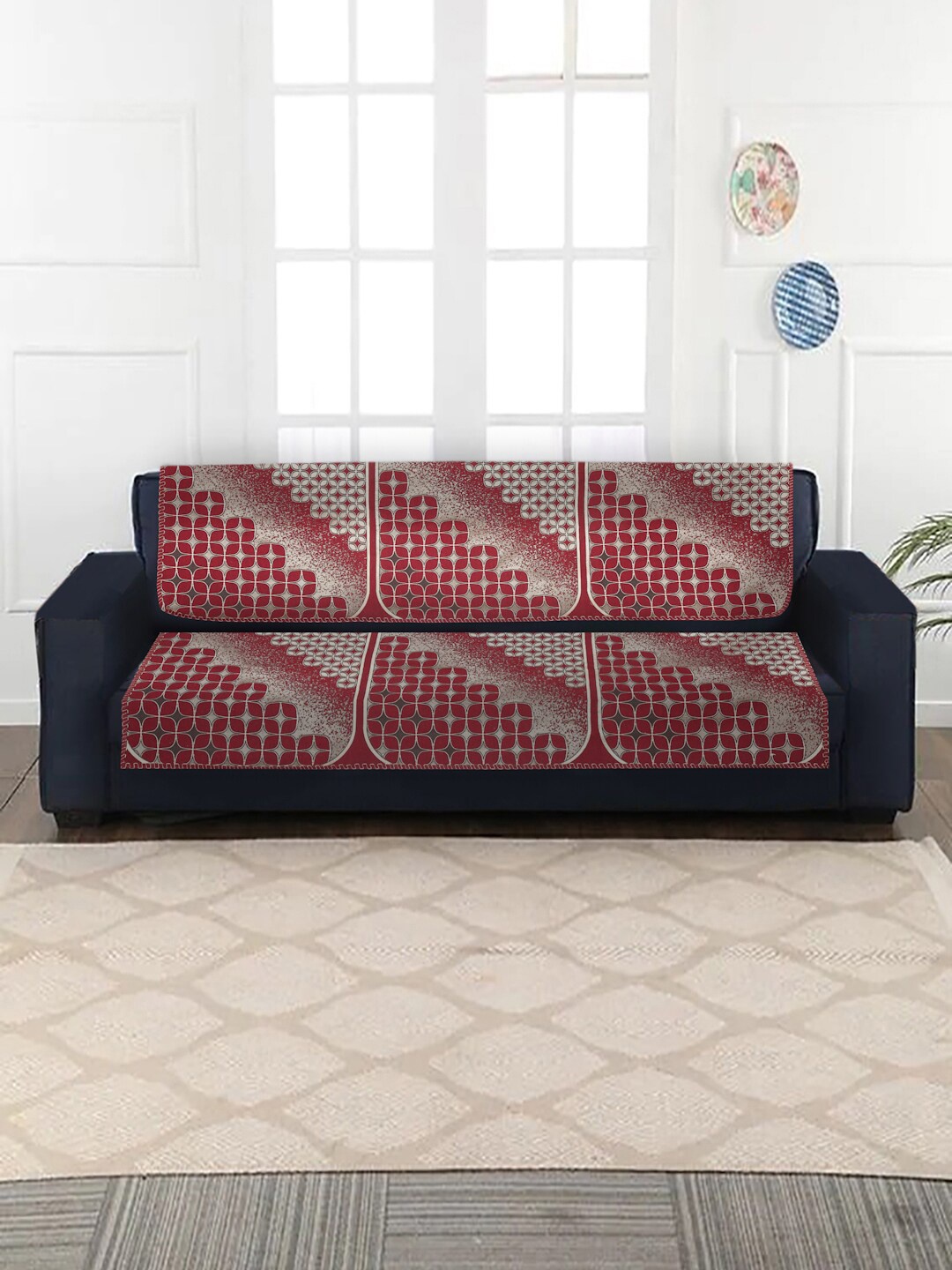 

MULTITEX Maroon & Grey Printed Velvet 3-Seater Sofa Covers