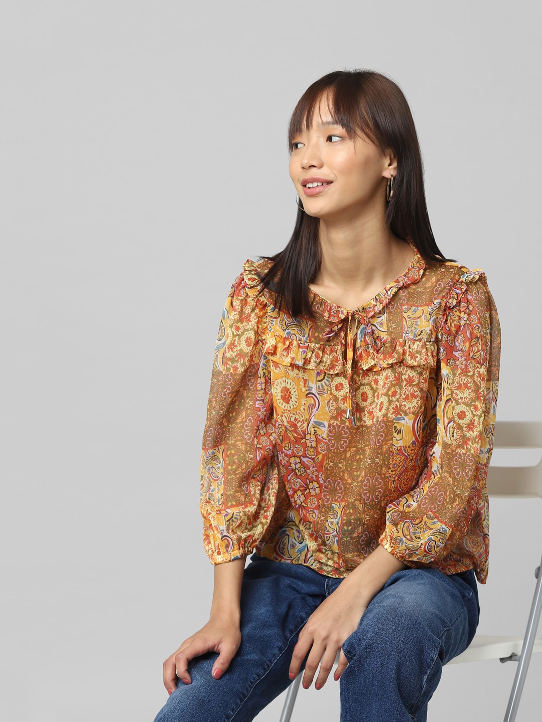 

ONLY Printed Tie-Up Neck Top, Mustard