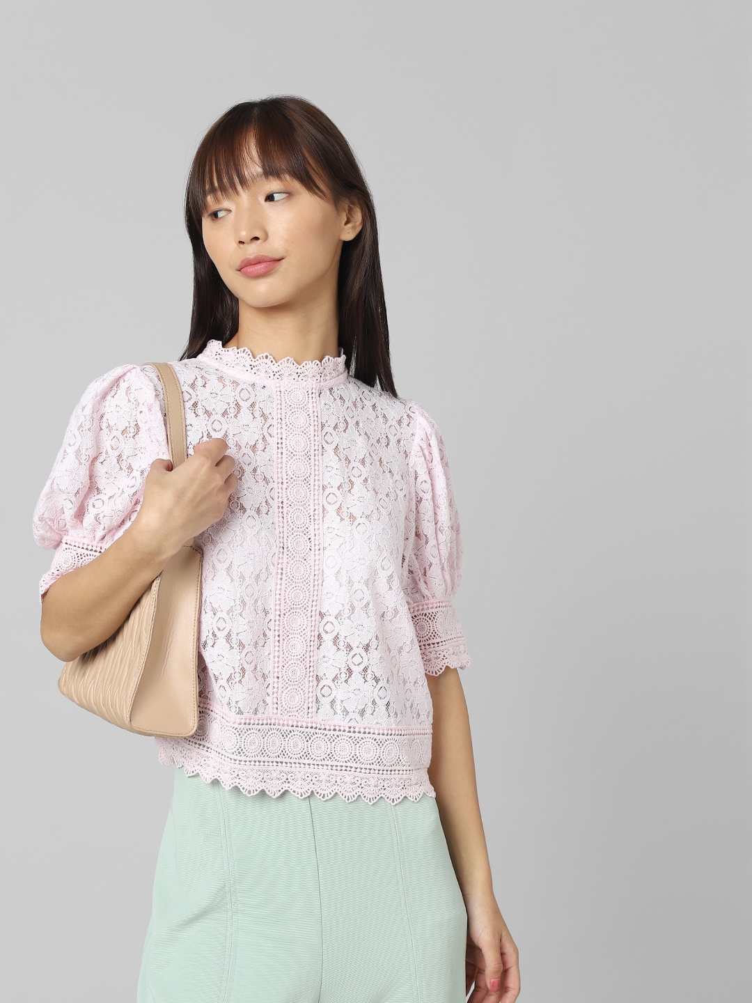 

ONLY Self Design Lace Top, Pink