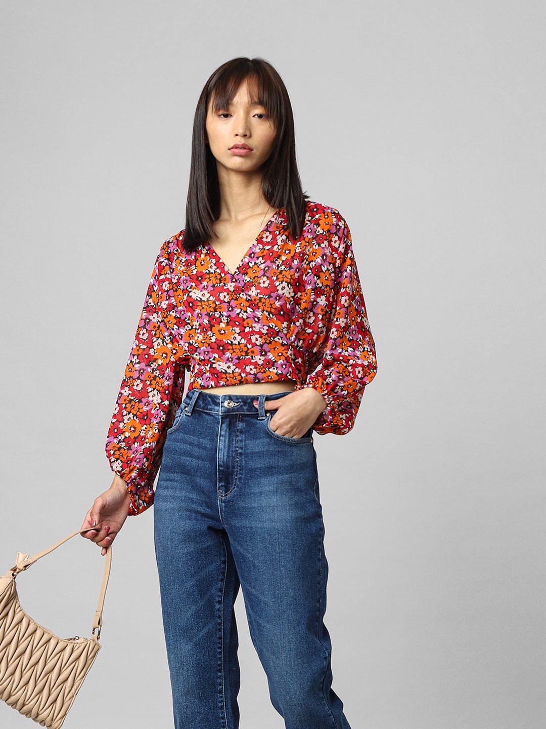 

ONLY Floral Printed Crop Top, Red