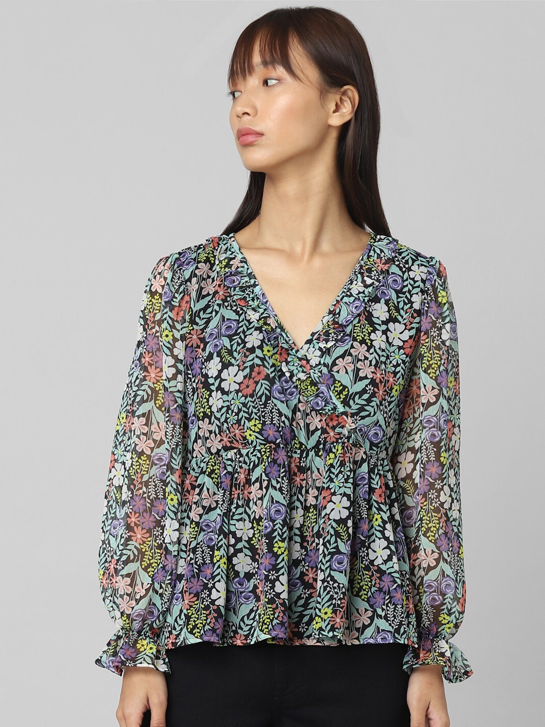 

ONLY Floral Printed Wrap Top, Black