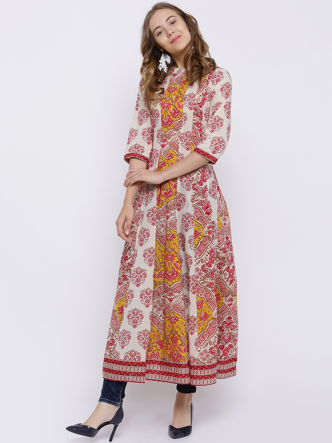

Vishudh Women Cream-Coloured & Pink Printed Anarkali Kurta