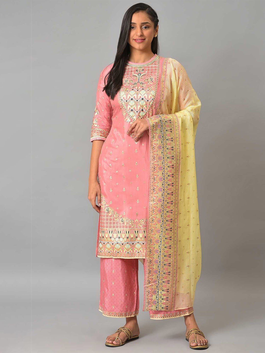 

AURELIA Women Pink Ethnic Motifs Printed Kurta with Palazzos & With Dupatta