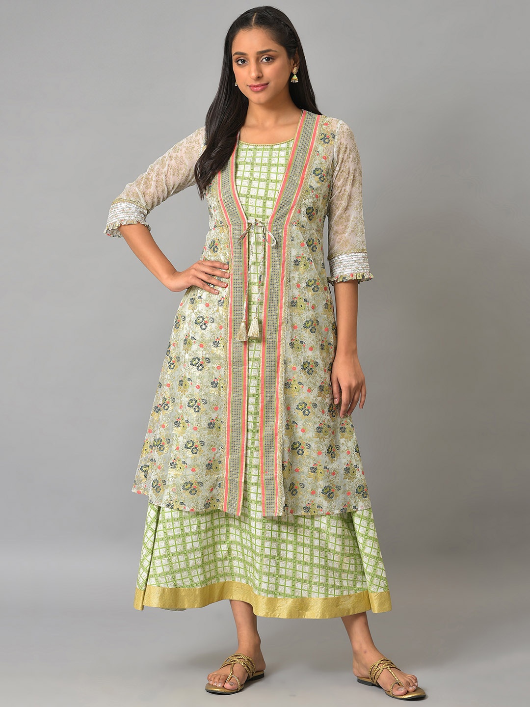 

AURELIA Checked Layered Ethnic Dress, Green
