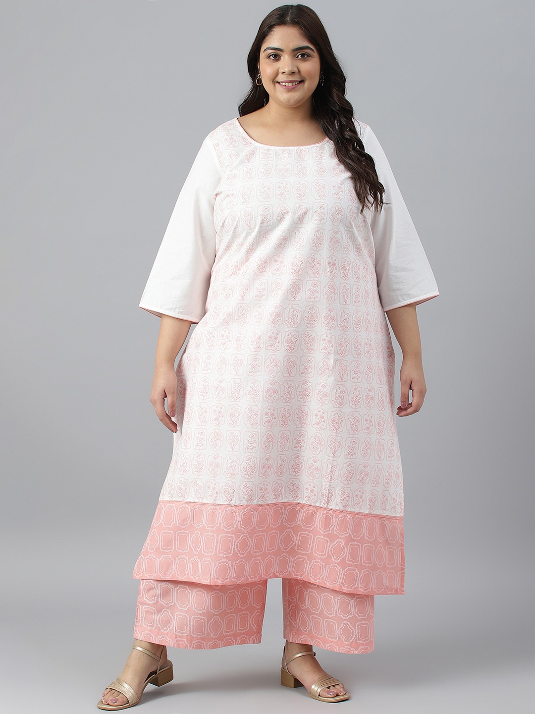 

AURELIA Plus Size Floral Printed Pure Cotton Kurta with Trousers, White