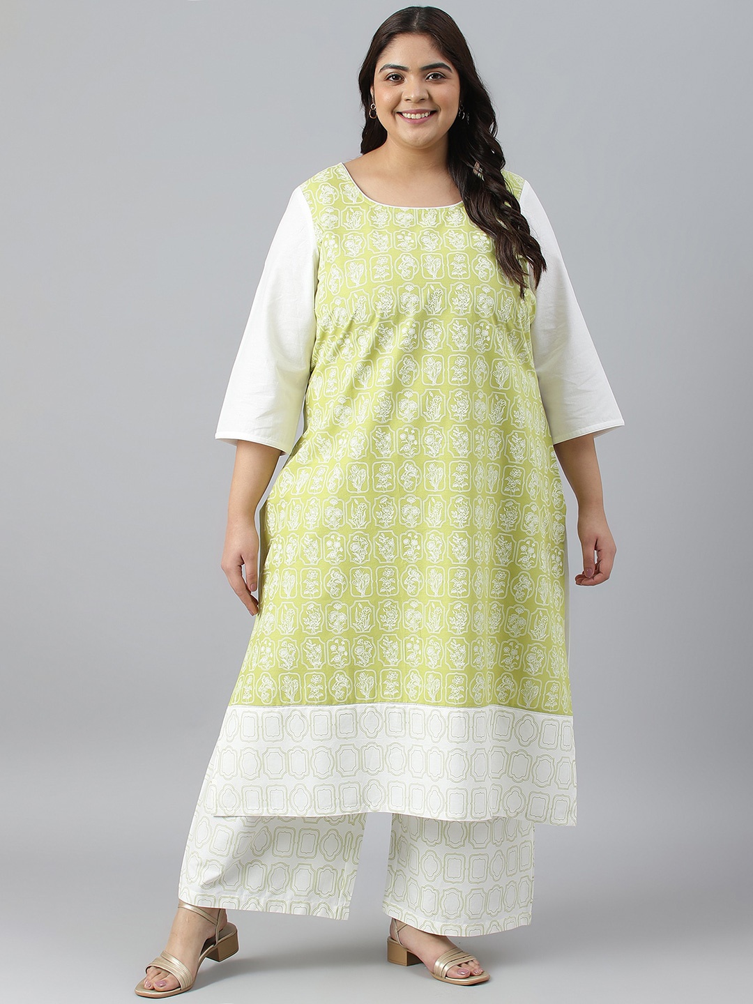 

AURELIA Plus Size Floral Printed Pure Cotton Kurta with Trousers, White