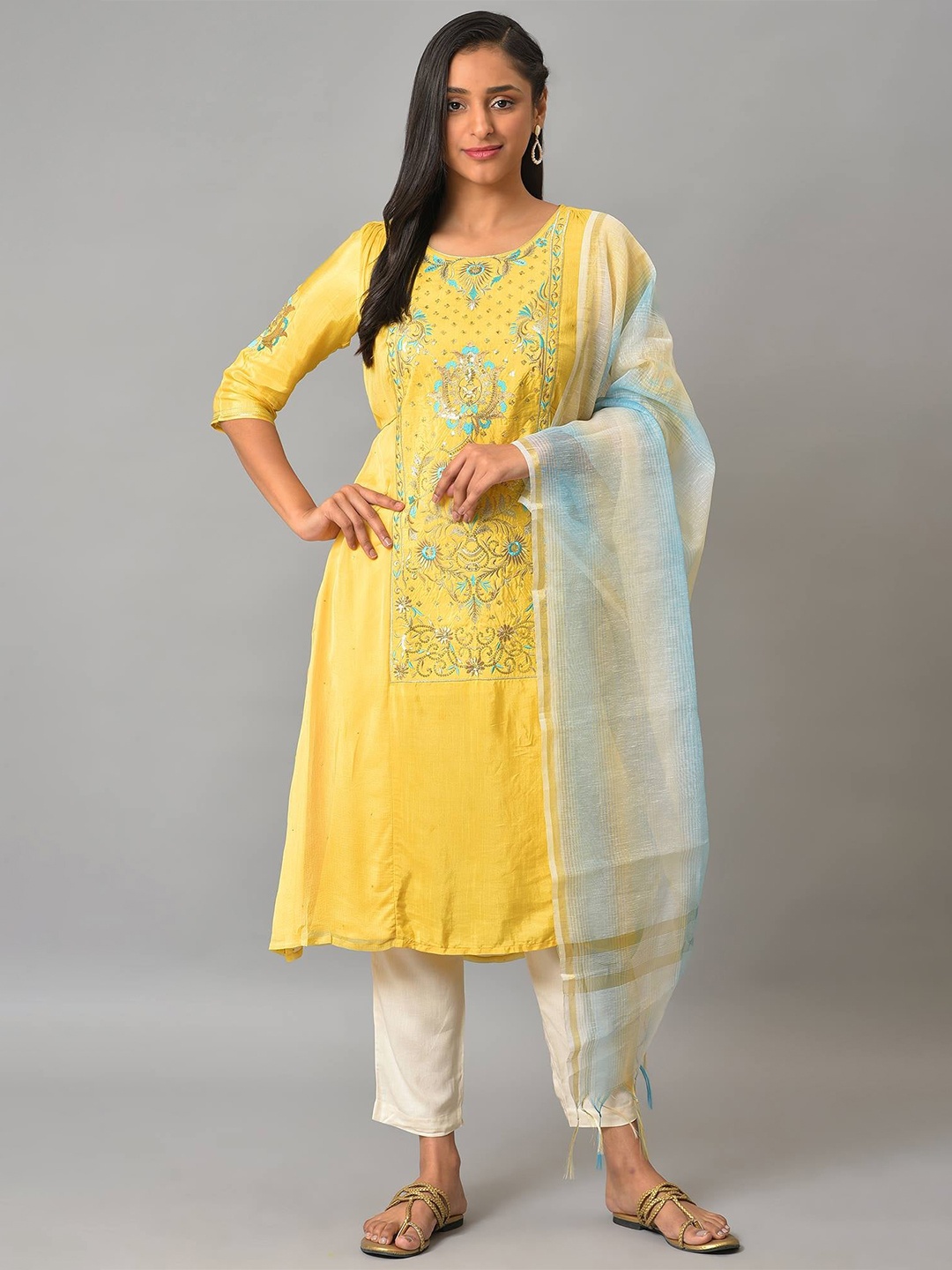 

AURELIA Ethnic Motifs Embroidered Kurta Set With Dupatta, Yellow