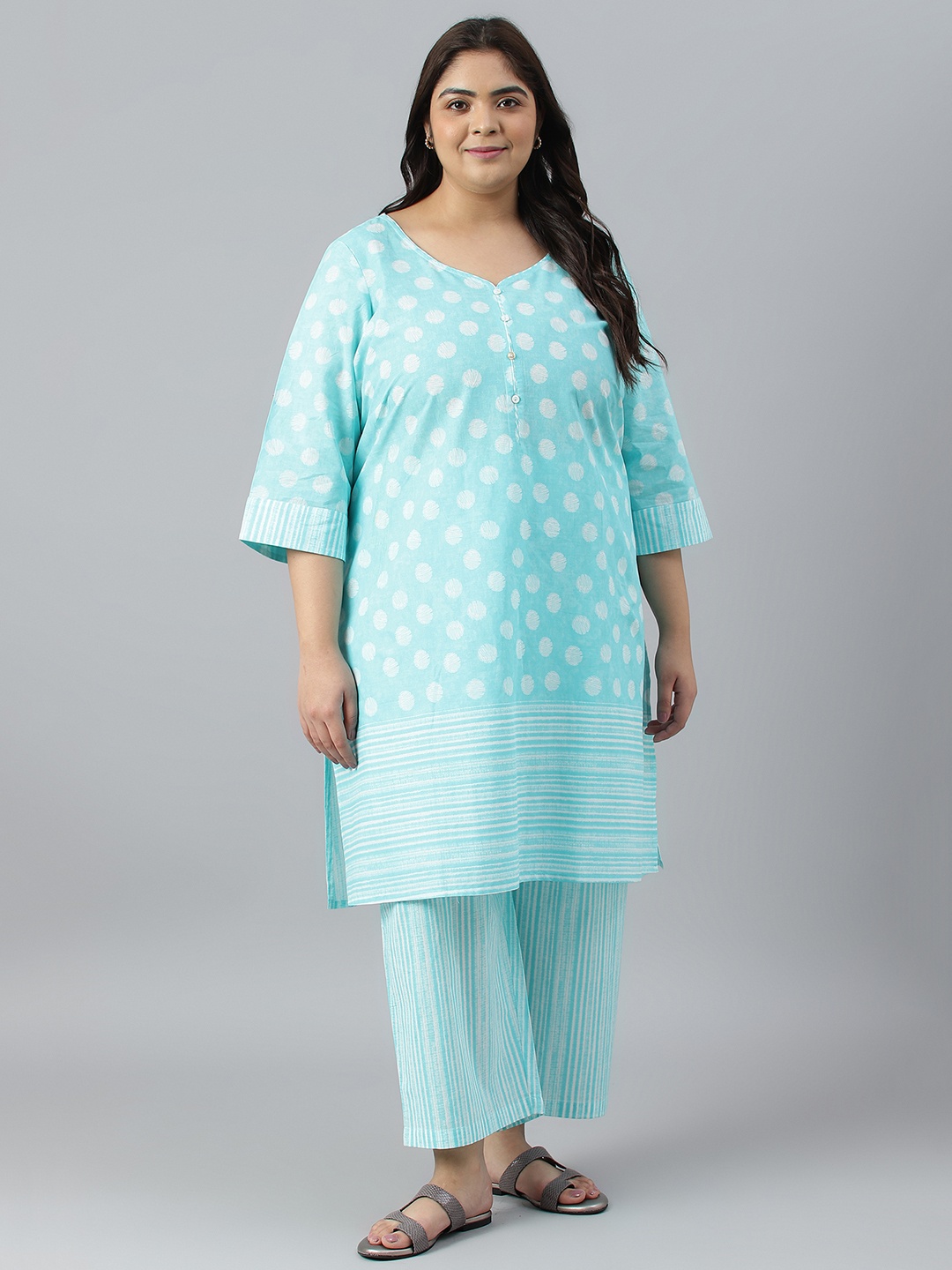 

AURELIA Plus Size Abstract Printed Pure Cotton Kurta with Palazzos, Turquoise blue