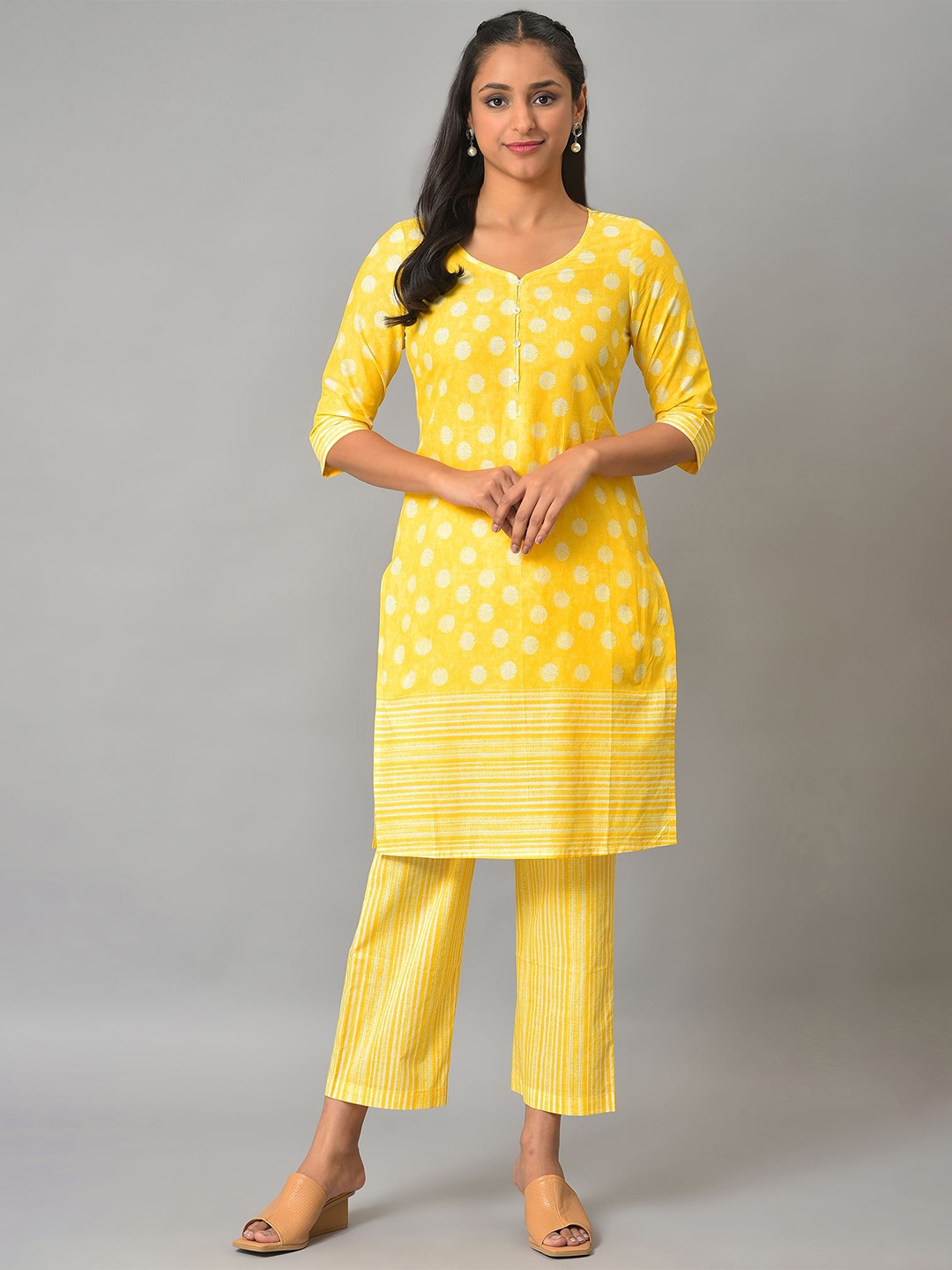 

Aurelia Women Yellow Printed Cotton Kurta Set with Palazzos