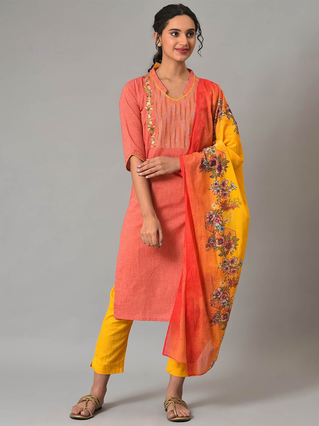 

AURELIA Floral Yoke Design Thread Work Pure Cotton Kurta with Trousers & Dupatta, Orange