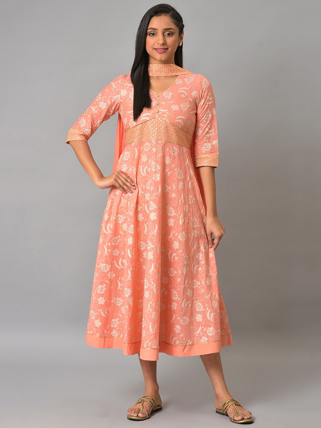 

AURELIA Floral Print Sequinned A-Line Pure Cotton Midi Ethnic Dress With Dupatta, Orange