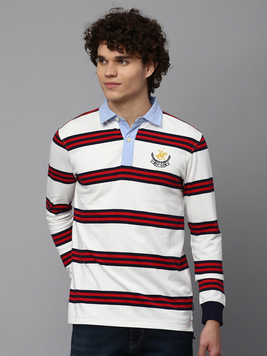 

Beverly Hills Polo Club Men Striped Polo Collar T-shirt, Off white
