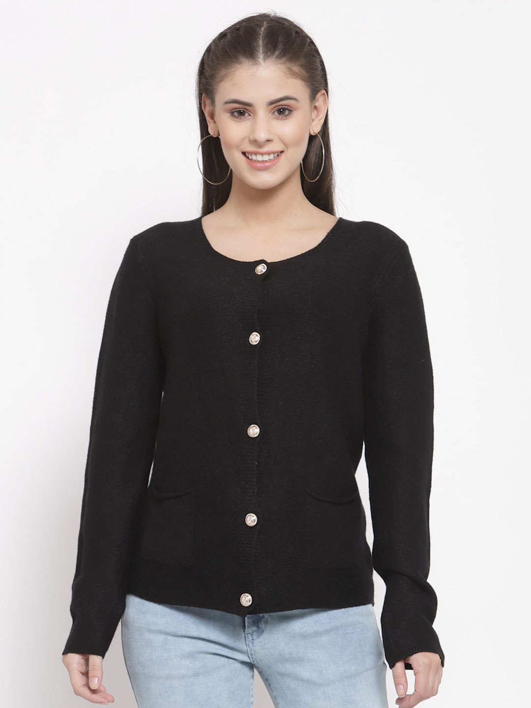 

Mafadeny Women Round Neck Cardigan, Black