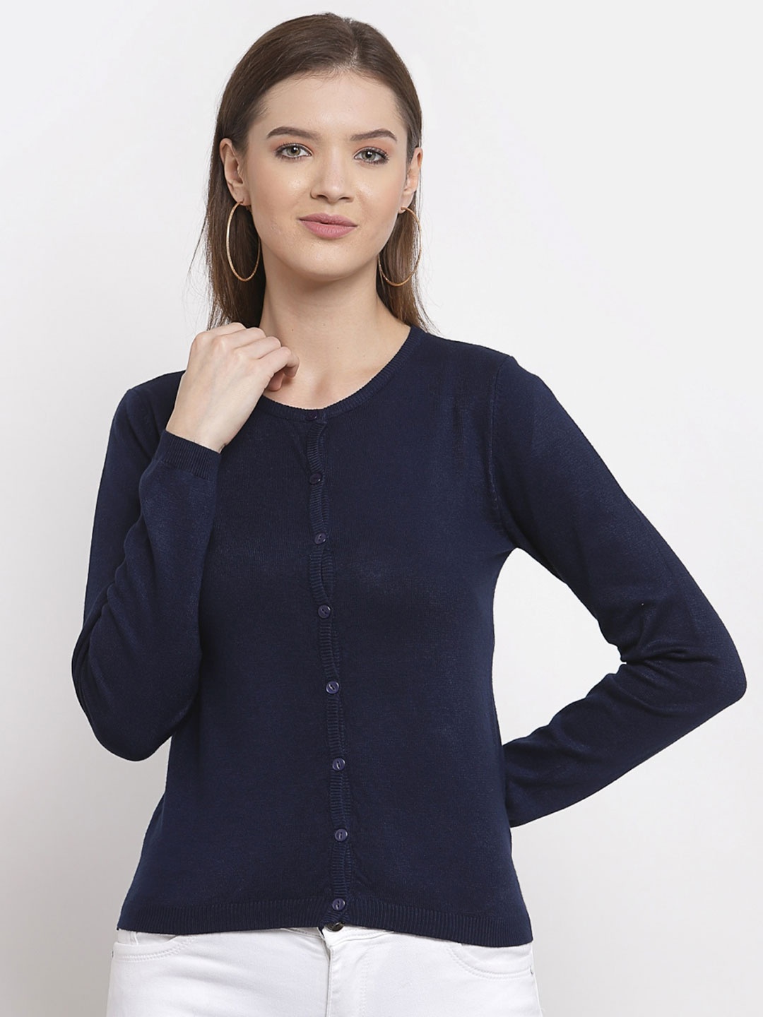 

Mafadeny Women Round Neck Cardigan, Navy blue