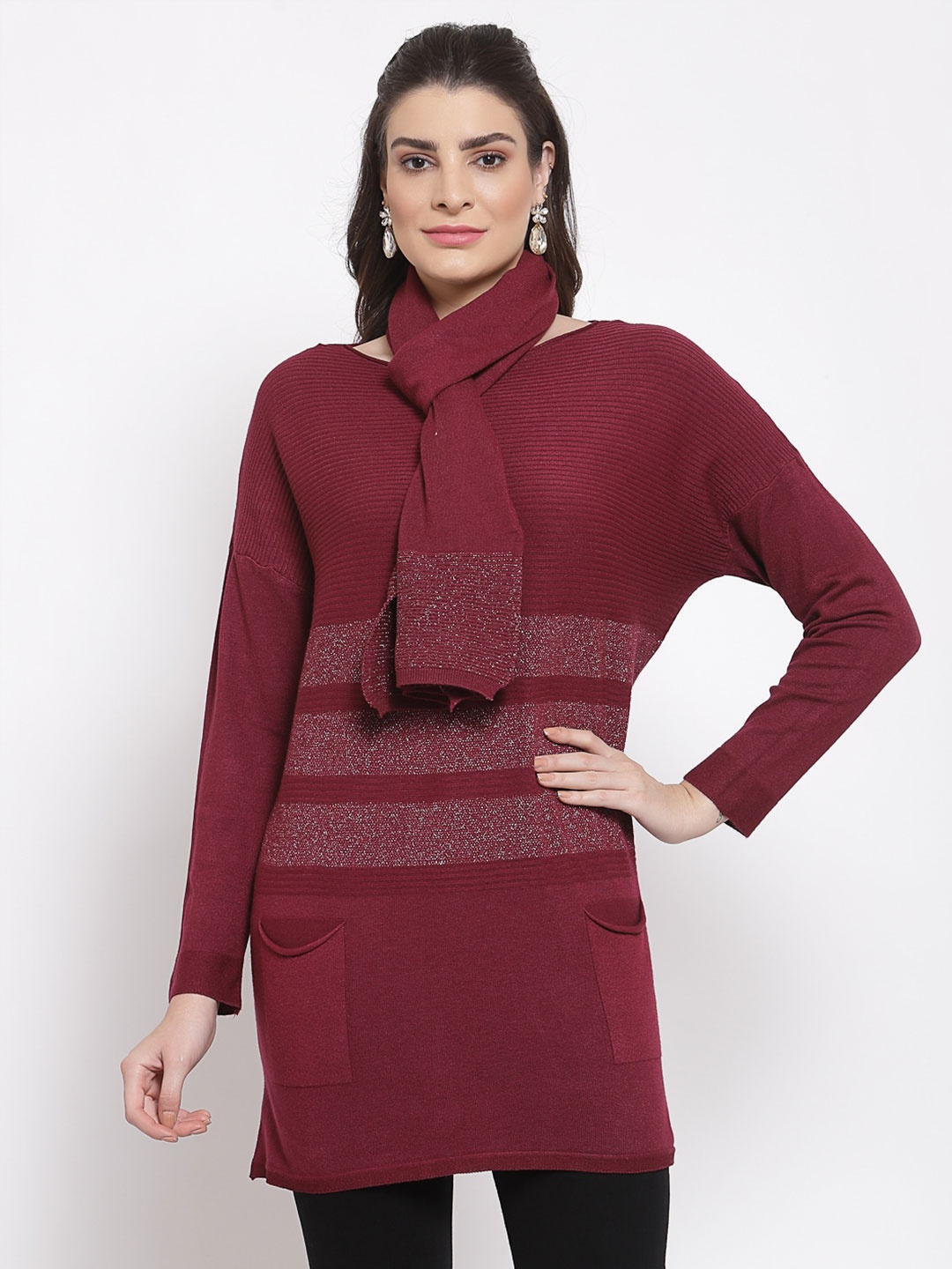 

Mafadeny Women Striped Longline Pullover, Maroon