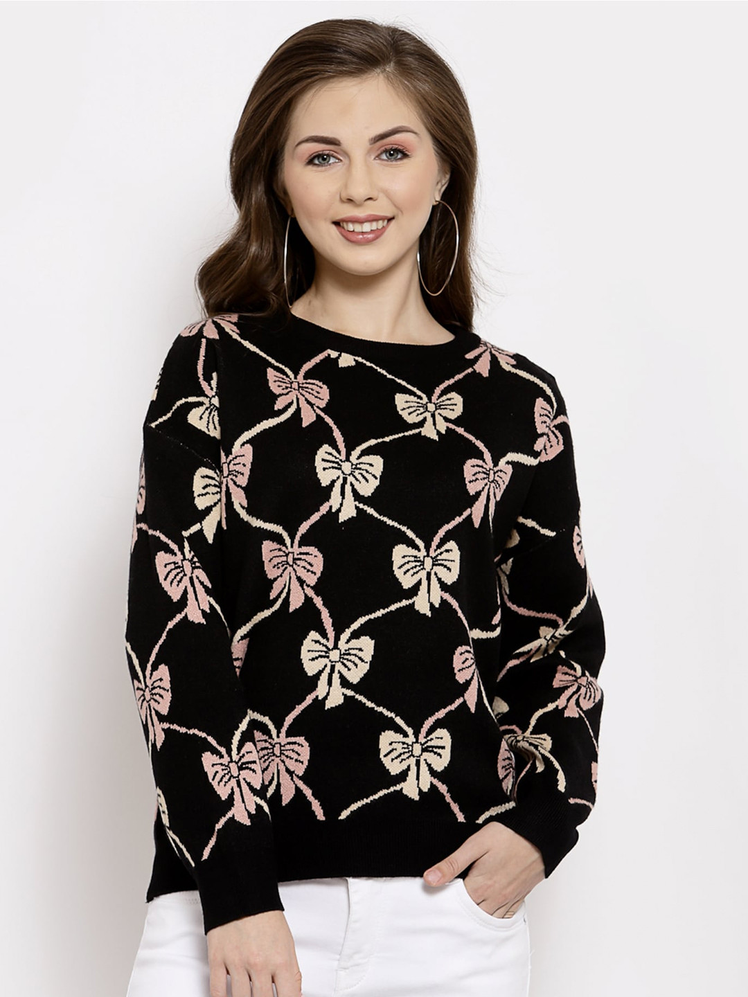 

Mafadeny Women Graphic Printed Pullover Sweater, Black