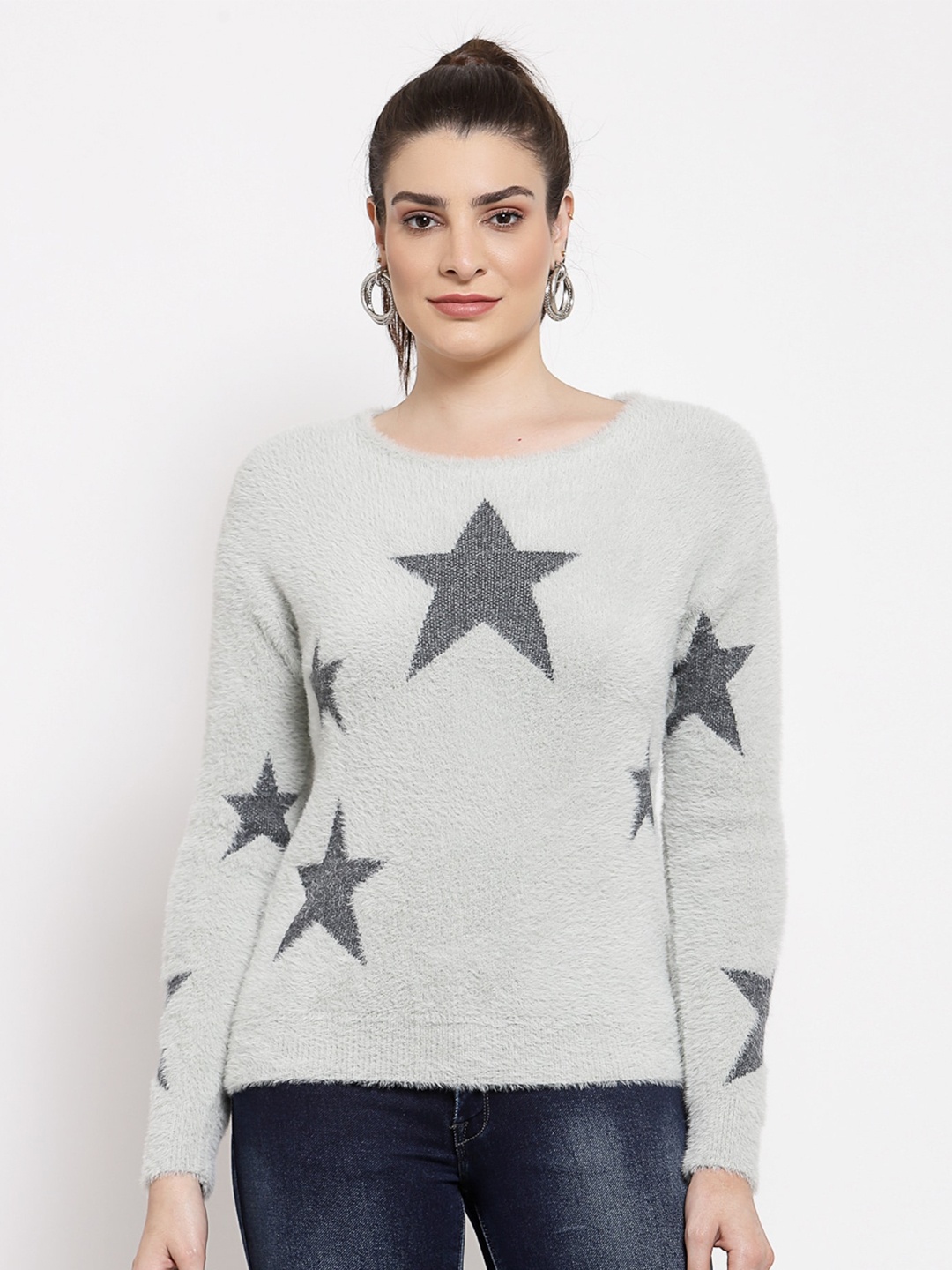 

Mafadeny Women Printed Pullover Sweater, Grey