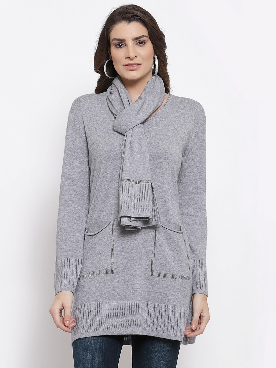 

Mafadeny Women Embellished Pullover Sweater, Grey