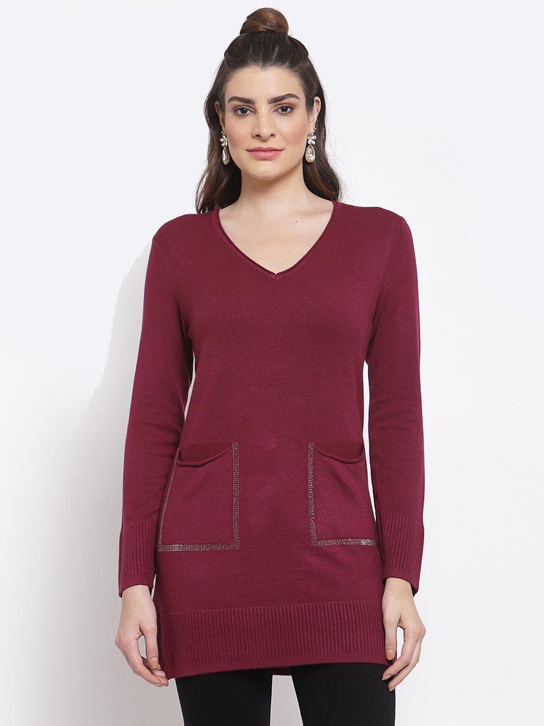 

Mafadeny Women Longline Pullover, Maroon