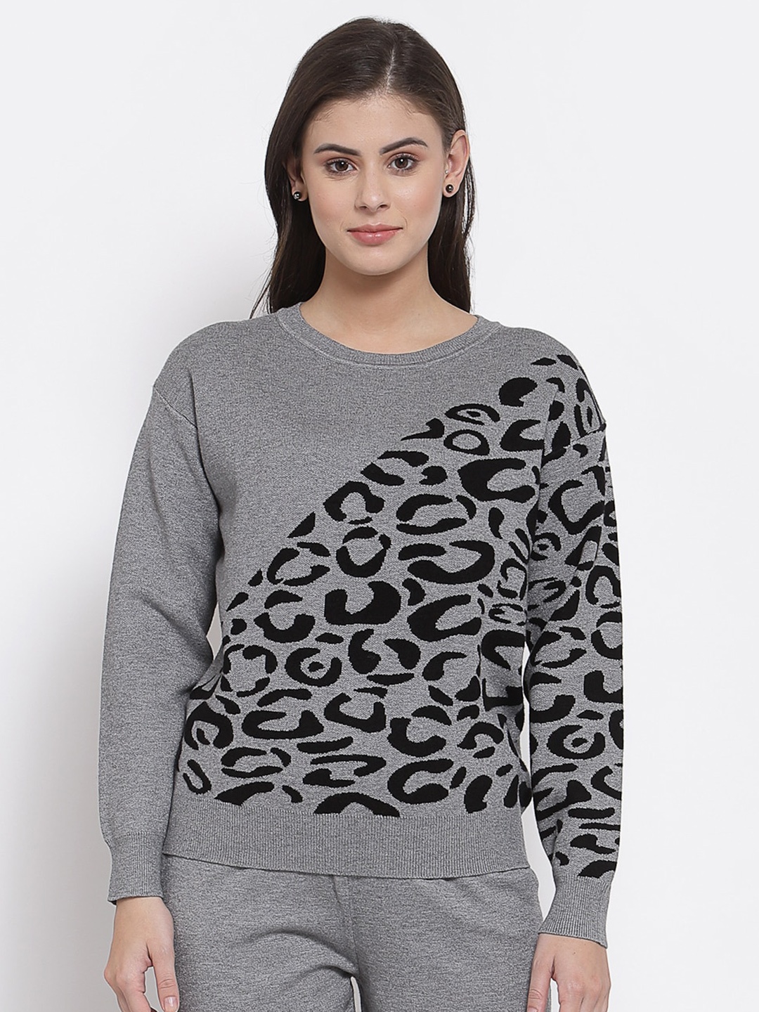 

Mafadeny Women Animal Printed Pullover, Grey