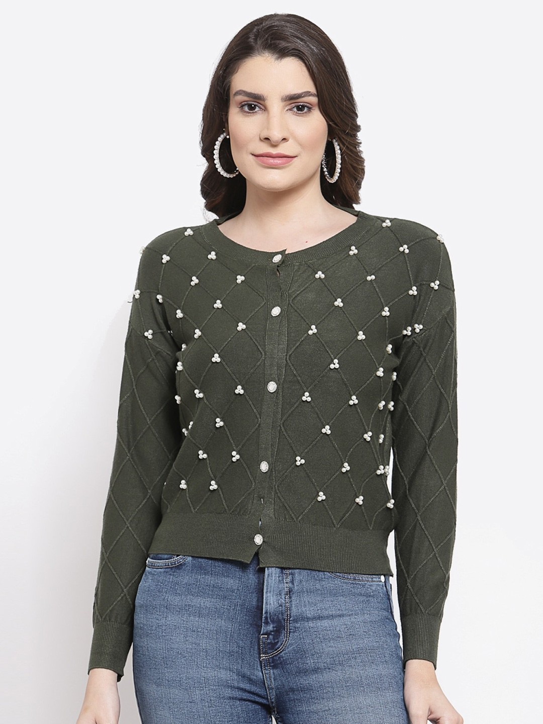 

Mafadeny Women Long Sleeves Cardigan with Embellished Detail, Green