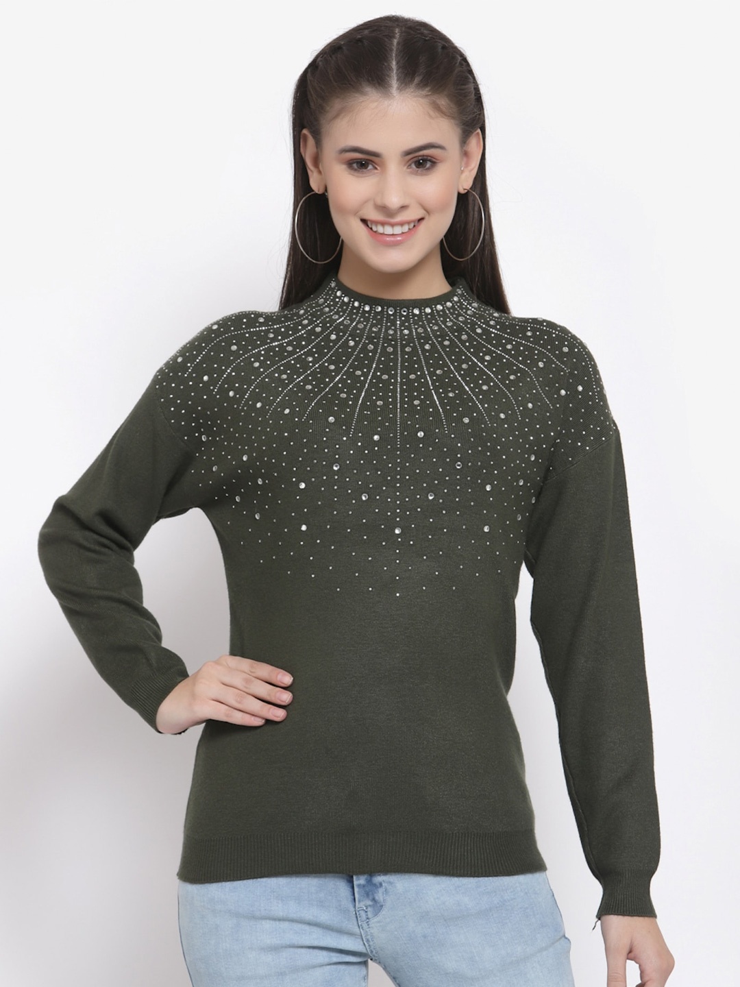 

Mafadeny Women Abstract Embellished Detail Pullover Sweater, Olive
