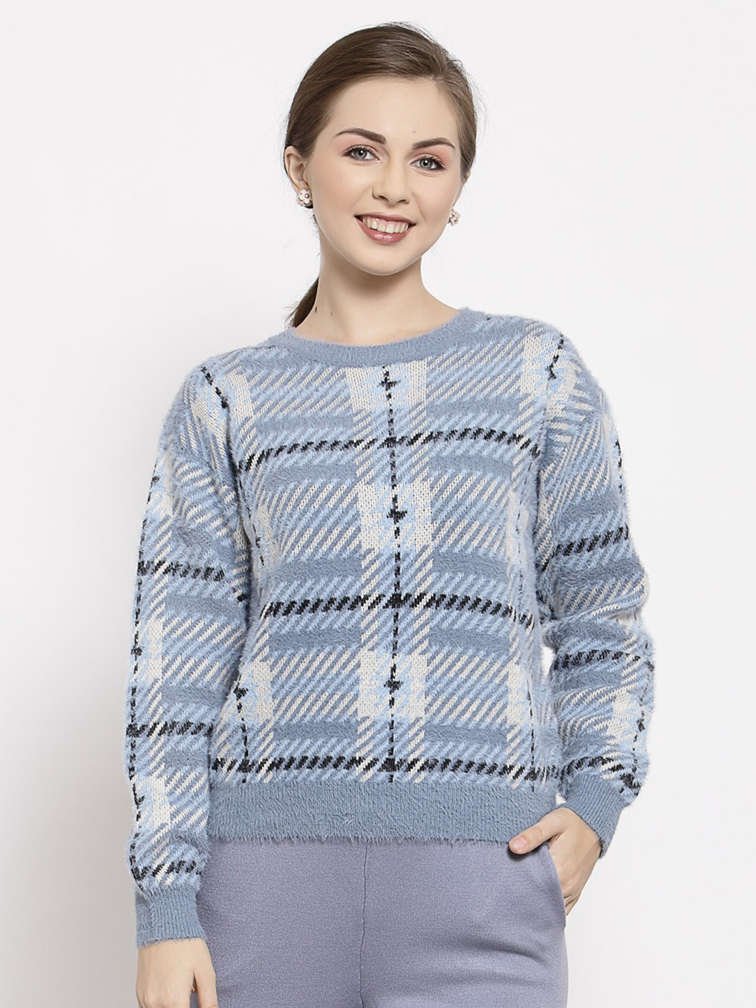 

Mafadeny Women Geometric Self Design Pullover Sweater, Blue