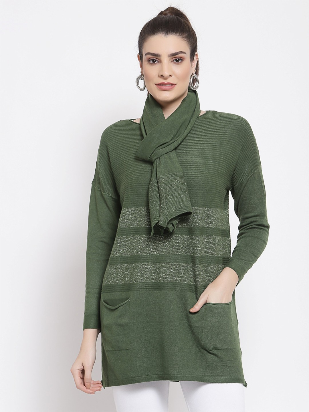 

Mafadeny Women Striped Longline Pullover, Green