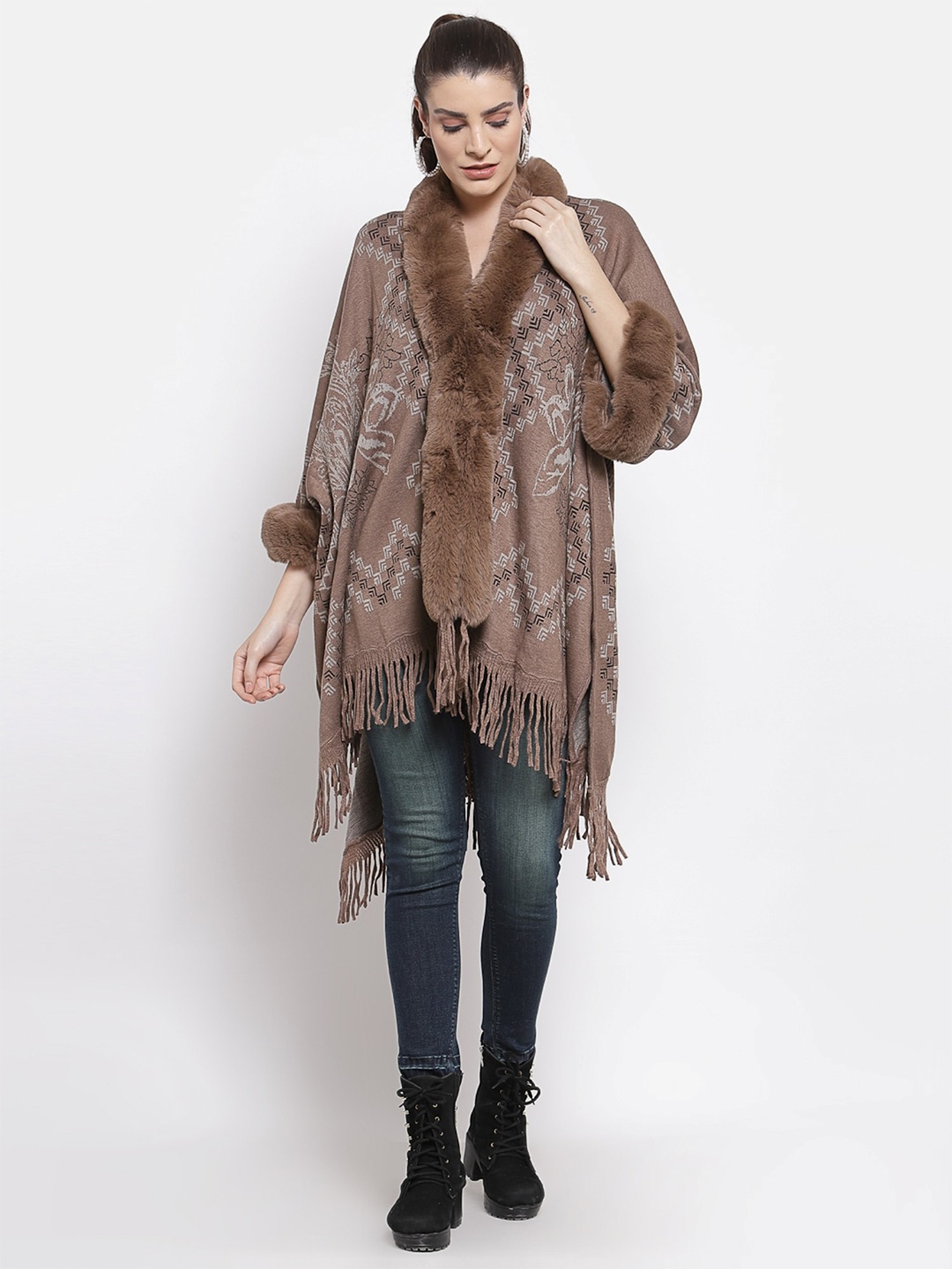

Mafadeny Women Chevron Printed Longline Poncho with Fringed Detail, Brown