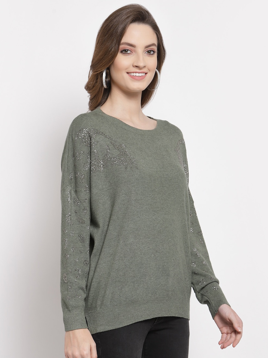 

Mafadeny Women Longline Pullover with Embellished Detail, Green