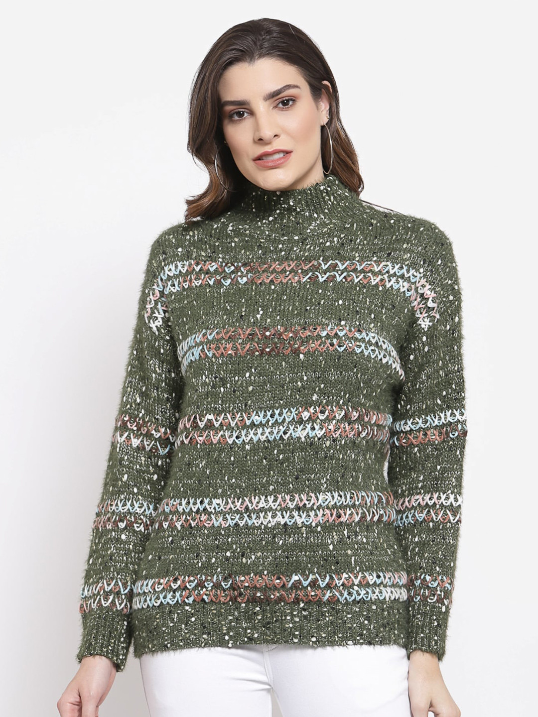 

Mafadeny Women Striped Longline Pullover with Fuzzy Detail, Green