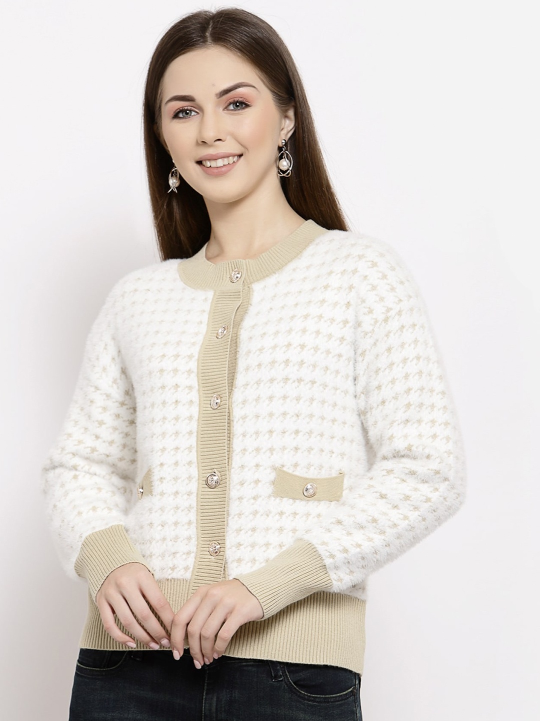 

Mafadeny Self Design Cardigan Sweater, Cream