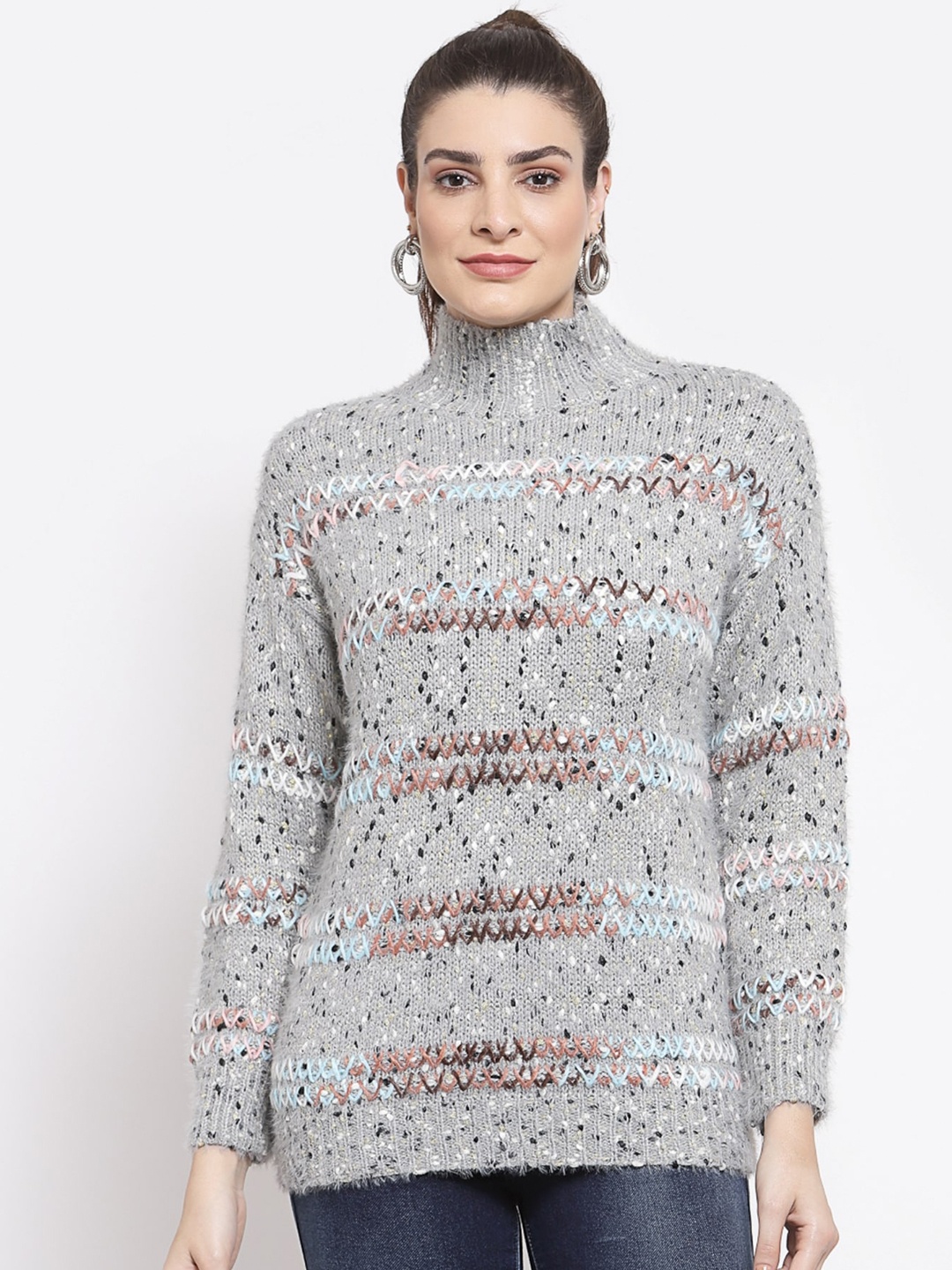 

Mafadeny Women Abstract Self Design Pullover Sweater, Grey