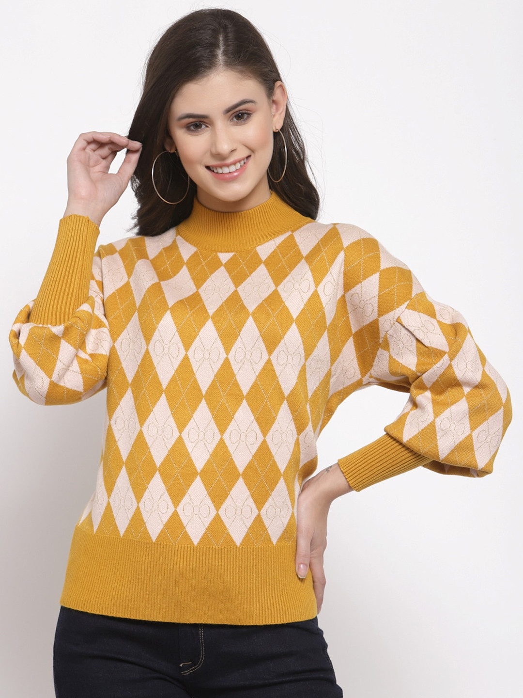 

Mafadeny Women Argyle Printed Pullover Sweater, Yellow