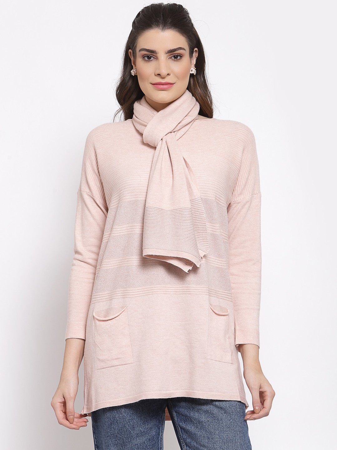 

Mafadeny Women Striped Longline Pullover, Peach