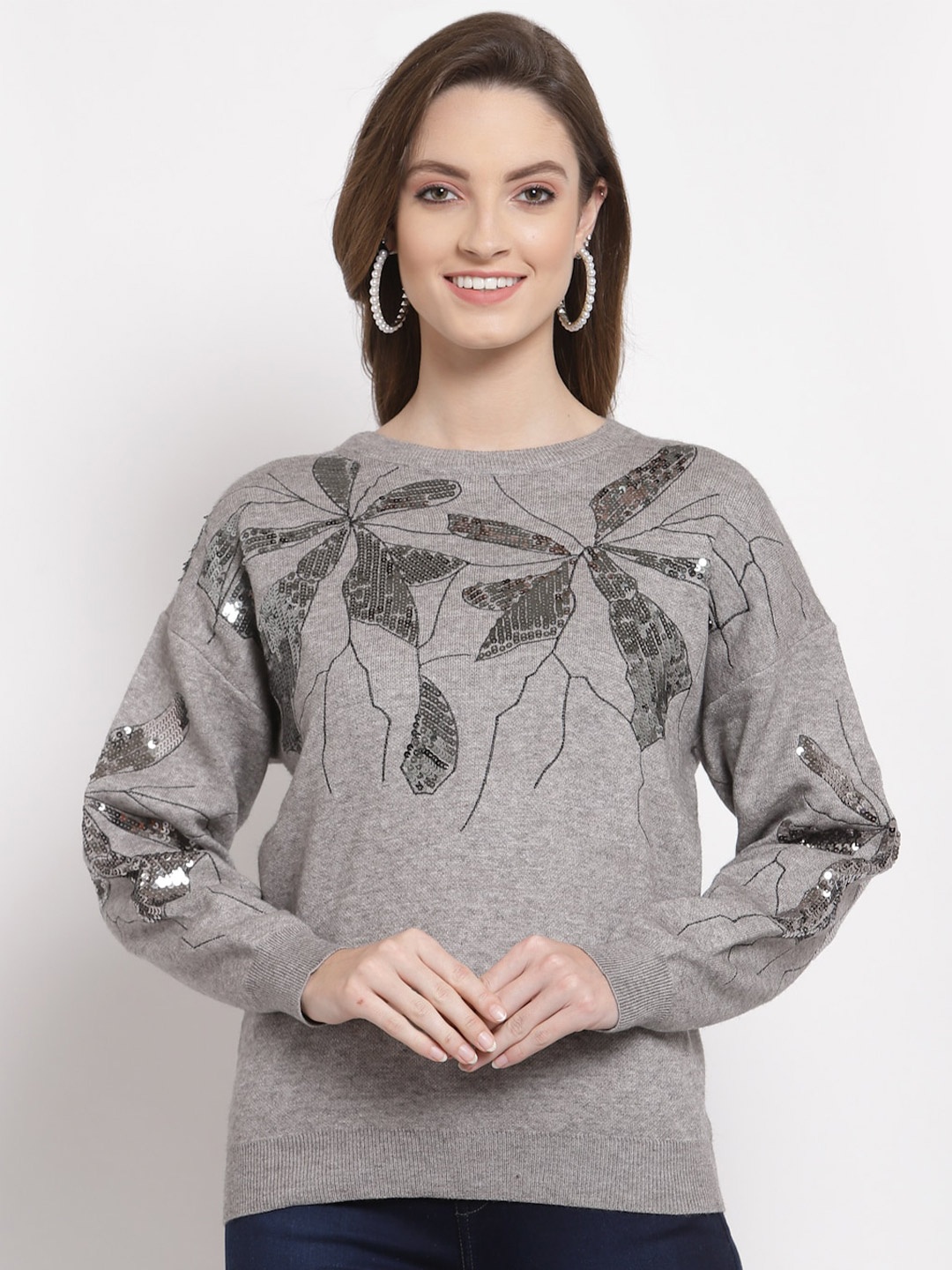 

Mafadeny Women Printed Pullover With Embellished Detail, Grey
