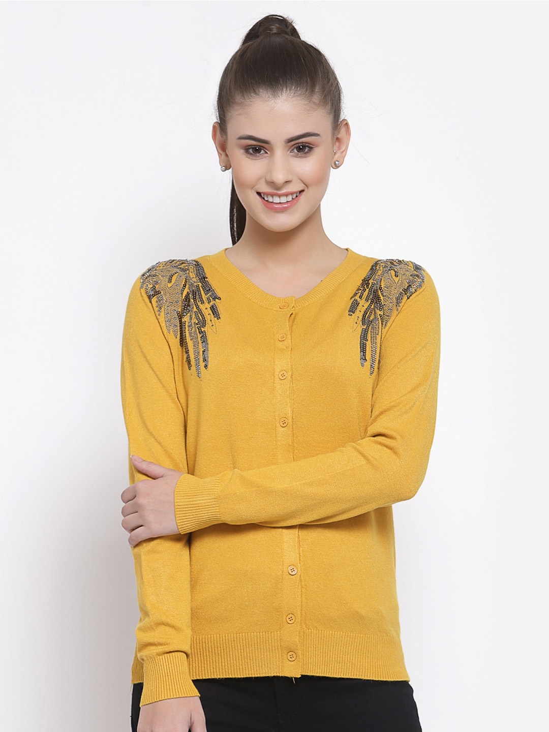 

Mafadeny Women Cardigan With Embellished Detail, Mustard